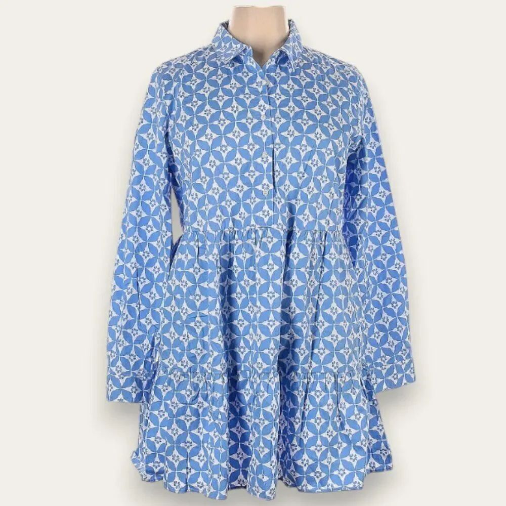 NWT Vineyard Vines Long Sleeve Preppy Geo Tiered Shirt Dress Newport Blue  XL